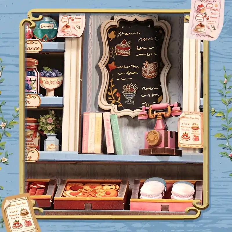 Shelves of jars, books and a telephone inside the shop