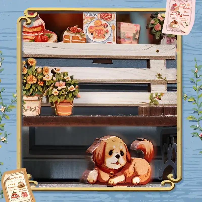 Little dog and flower pots at the entrance of the shop