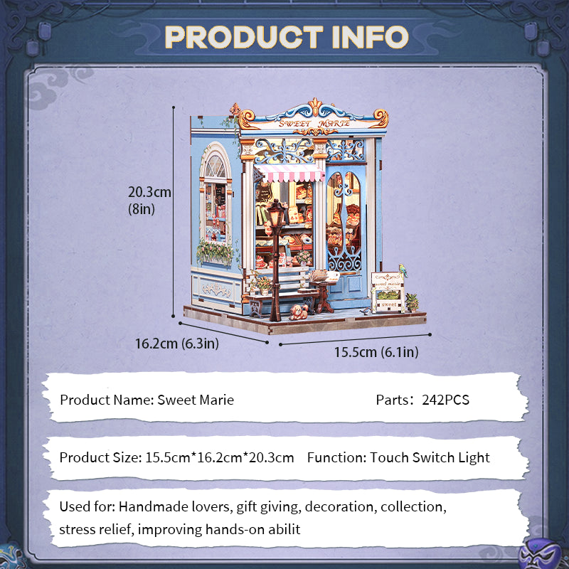 Sweet Marie specifications: 242 parts, 15.5 x 16.2 x 20.3 cm, touch switch light