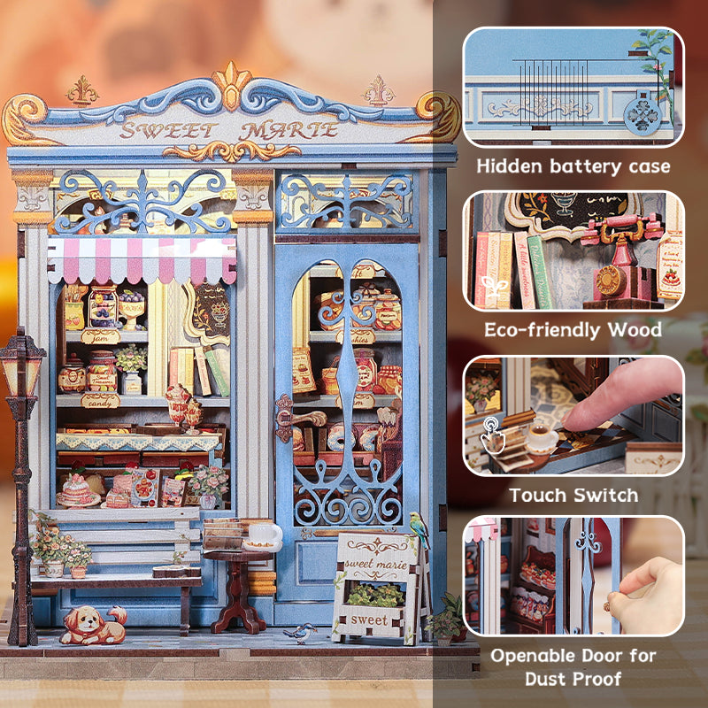 Hidden battery case, touch switch and openable door of the book nook