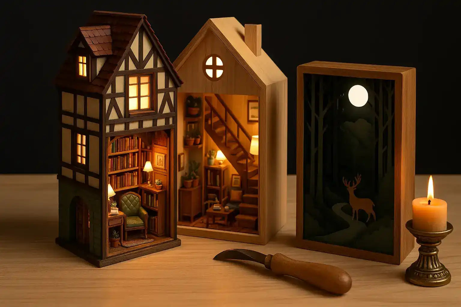 Three illuminated wooden book nooks with intricate miniature scenes.