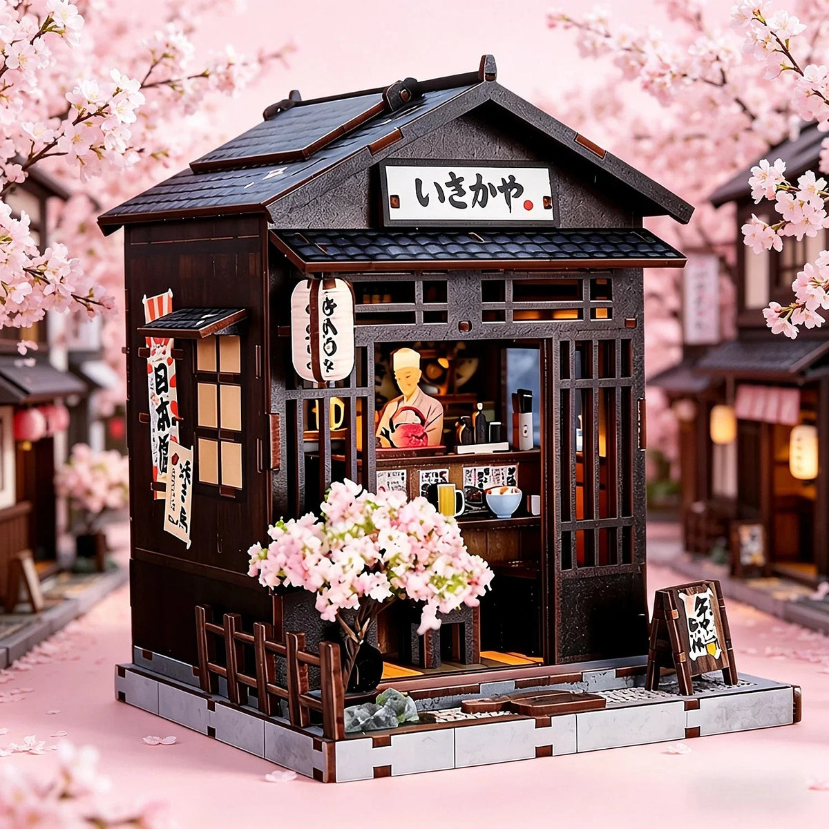 Tokyo Izakaya DIY miniature house kit, lit Japanese pub with blue tiled roof