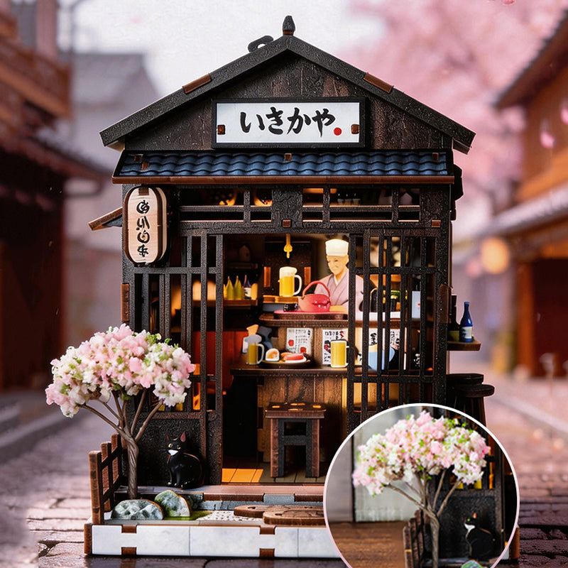 Tokyo Izakaya DIY miniature house kit, lit Japanese pub with blue tiled roof