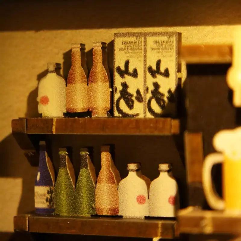 Miniature sake bottles on the shop shelves