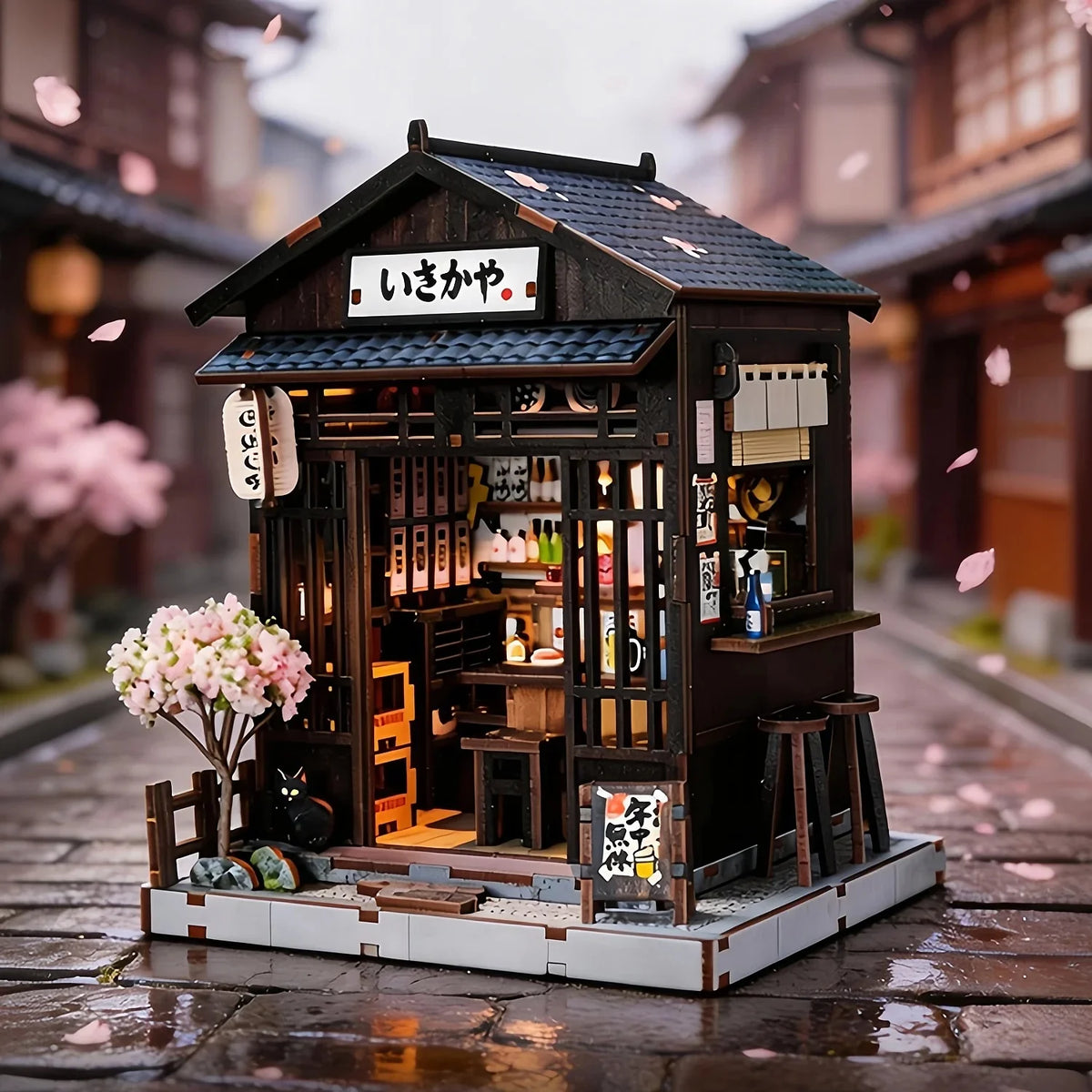 Tokyo Izakaya DIY miniature house kit, lit Japanese pub with blue tiled roof