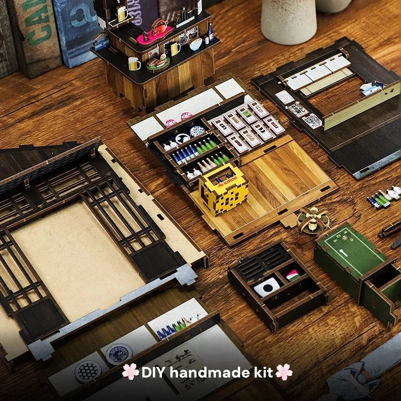 Pre-cut wooden boards and parts included in the kit