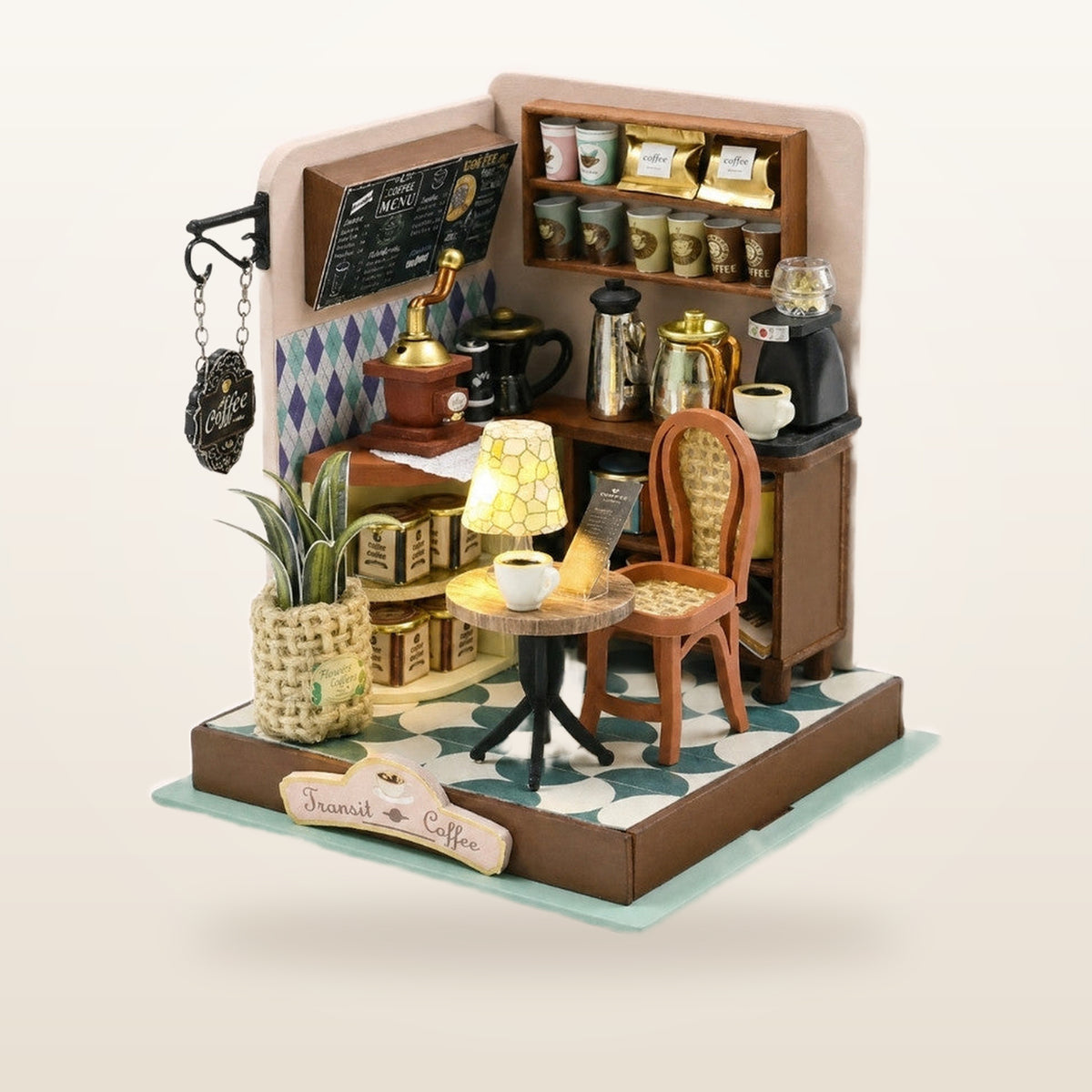 Transit Coffee miniature house kit, assembled and lit, front view
