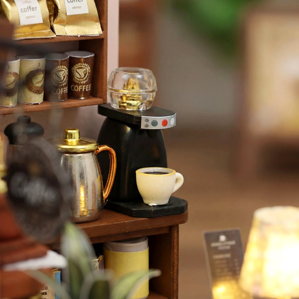 Close-up of the espresso machine and brass coffee grinder