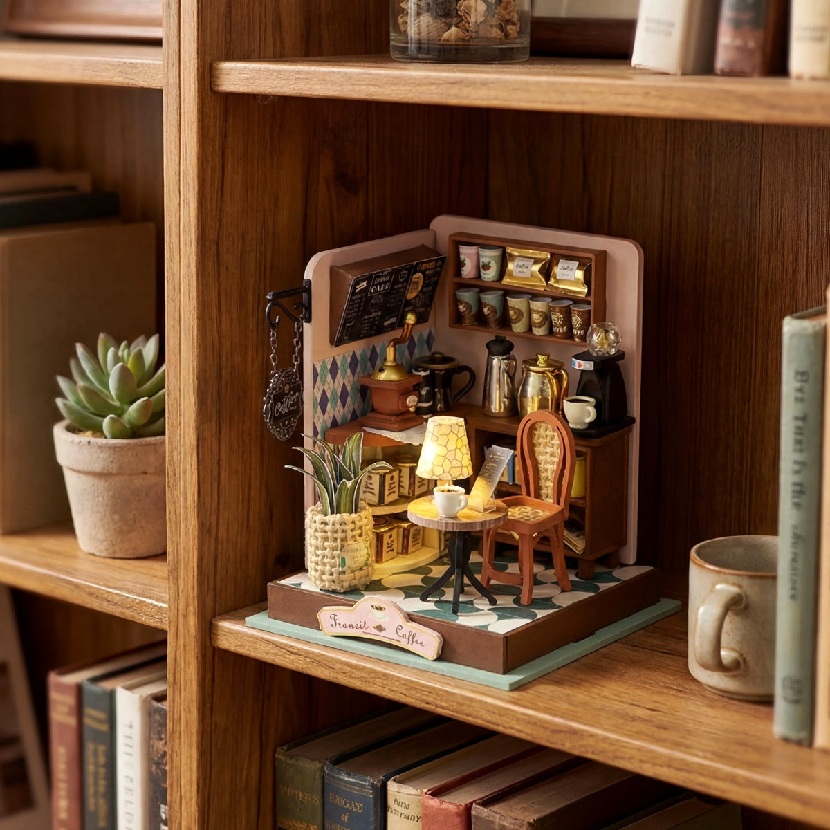 Close-up of the shelves of coffee tins and hanging cups