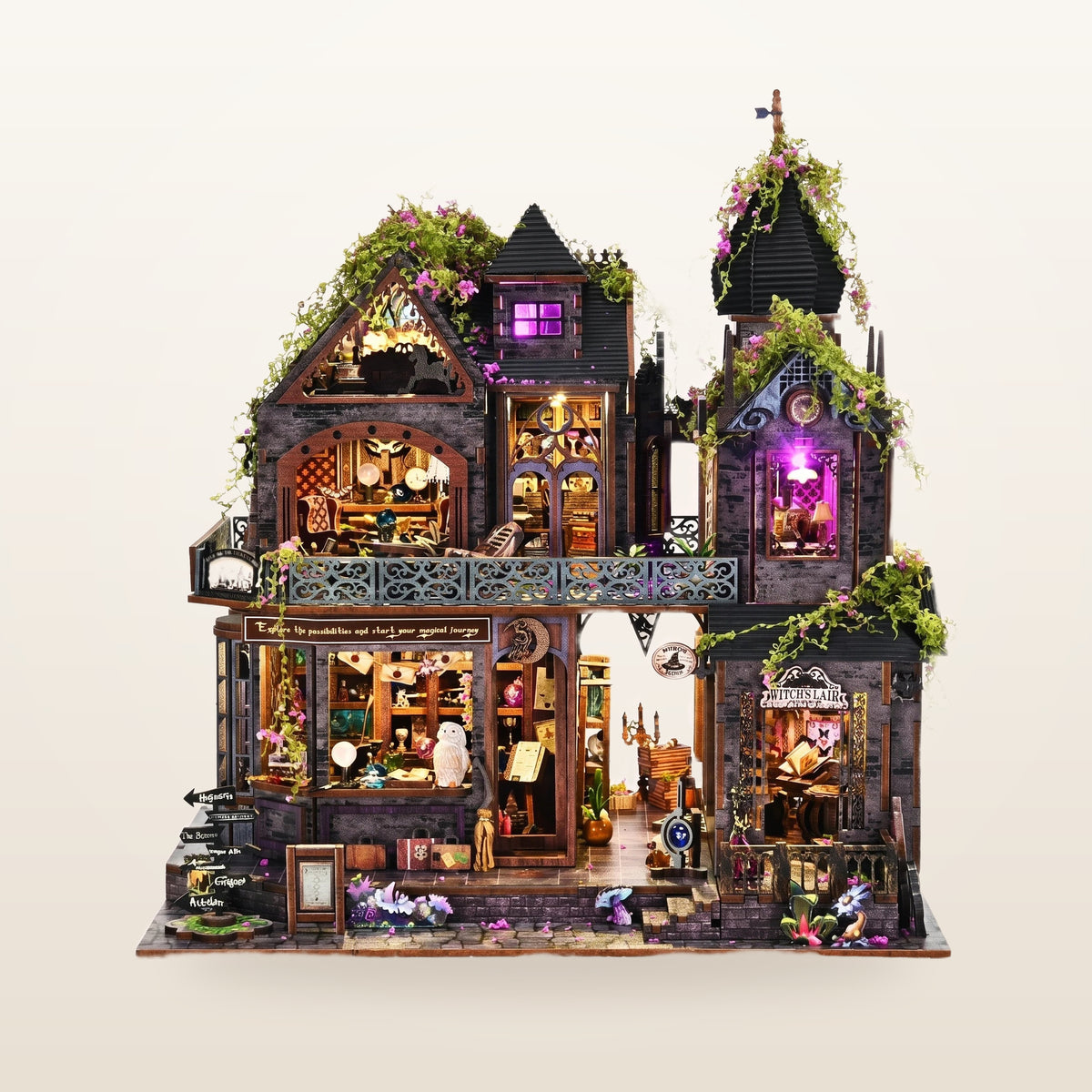 Witch's Lair miniature house kit, assembled and lit, front view