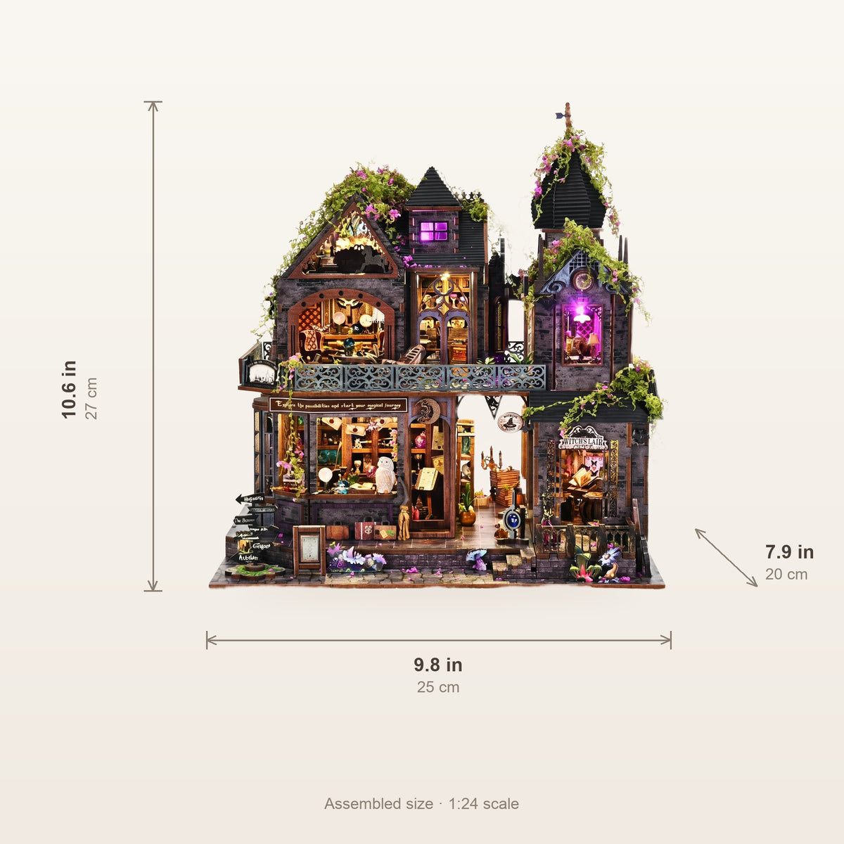 Assembled size of the Witch's Lair kit: 10.6 x 9.8 x 7.9 inches